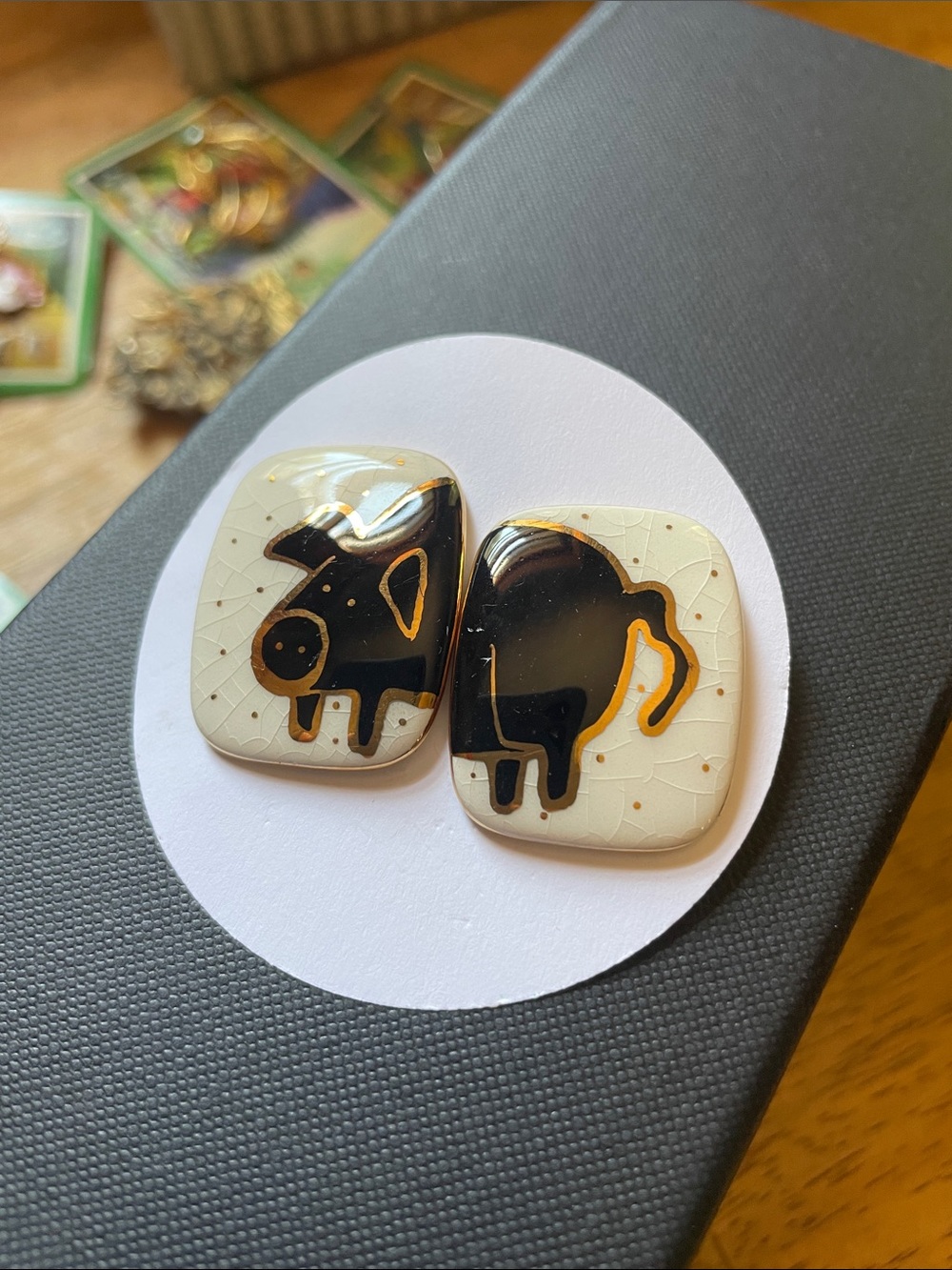 Hand-Painted Black & Cream Ceramic Pig Stud Earrings